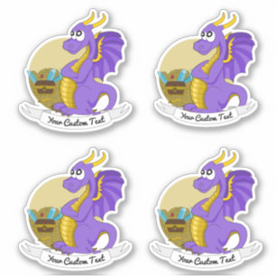 Cartoon purple dragon with treasure and text sticker