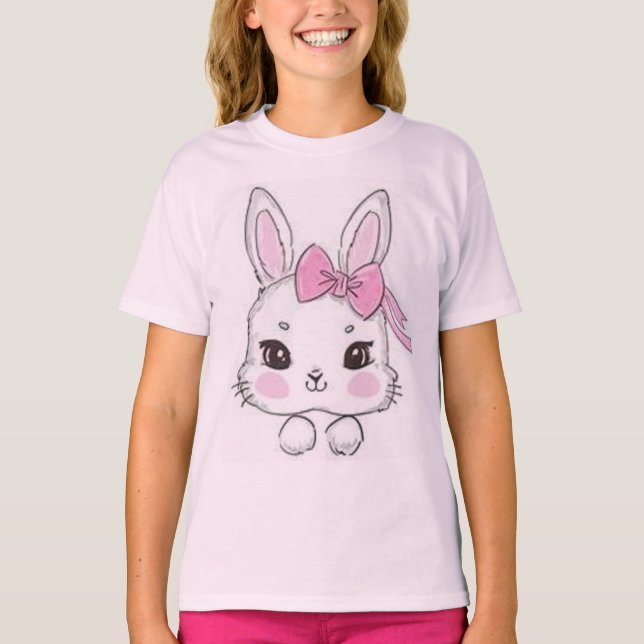 Cartoon rabbit and pink bow  T-Shirt (Front)