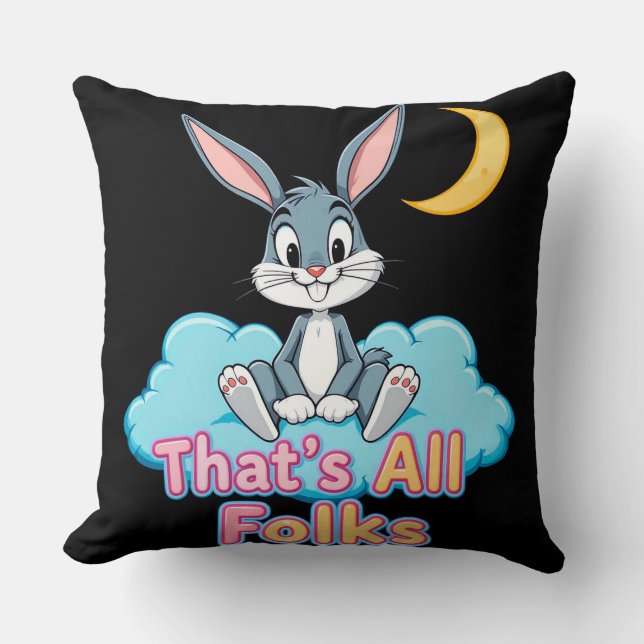 Cartoon Rabbit Sitting on Cloud with Moon Throw Pillow (Front)