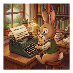 Cartoon Rabbit Typing in a Retro Typewriter Poster