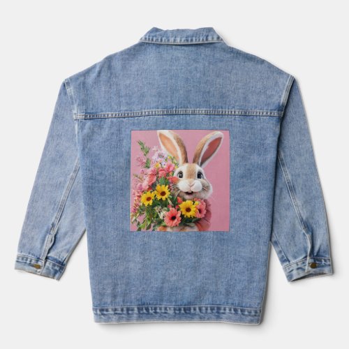 Cartoon rabbit with bouquet of flowers  denim jacket