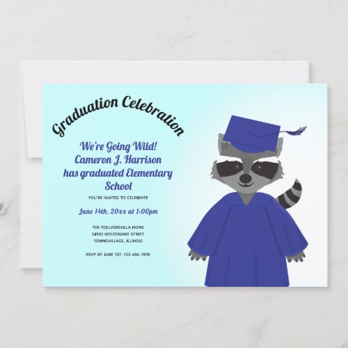 Cartoon Raccoon Blue Cap Gown Kid Graduation Invitation