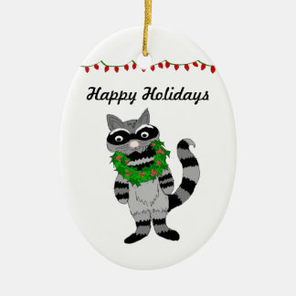 Cartoon Raccoon Decked for the Holidays Ceramic Ornament