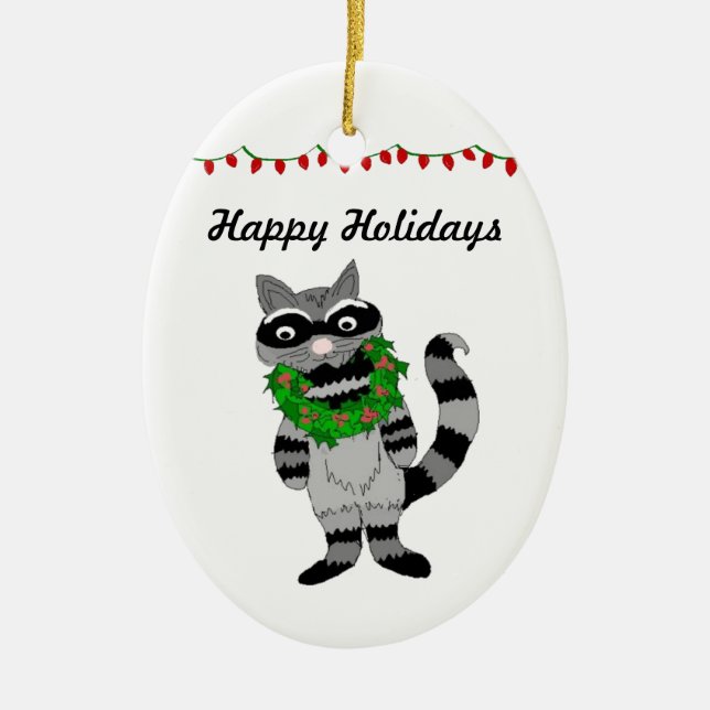 Cartoon Raccoon Decked for the Holidays Ceramic Ornament (Front)