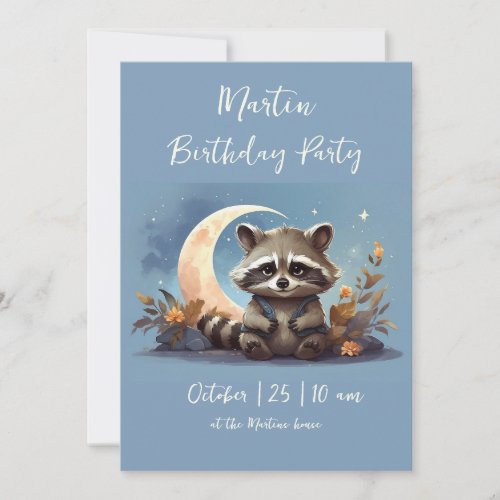  Cartoon raccoon Kid Birthday Party Invitation