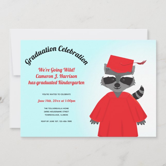 Cartoon Raccoon Red Black Blue Kid Graduation Invitation (Front)