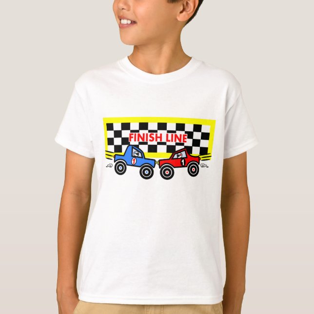 Cartoon Race Cars at Finish Line T-Shirt (Front)