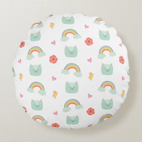 Cartoon Rainbow Cat Pattern Round Pillow