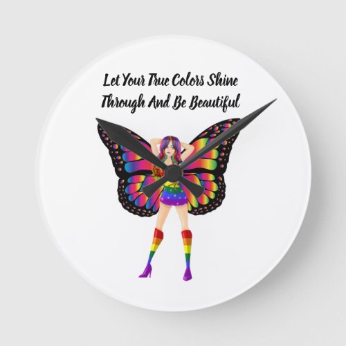 Cartoon Rainbow Fairy Pinup Girl Art Round Clock