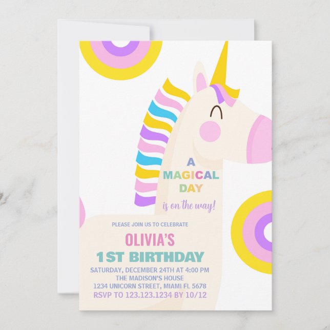 Cartoon Rainbow Unicorn Birthday Invitations (Front)
