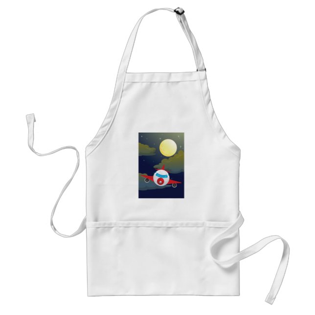 Cartoon Red Airplane Flying In Night Sky Adult Apron (Front)