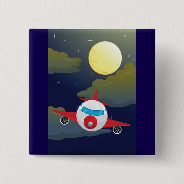 Cartoon Red Airplane Flying In Night Sky Button (Front)