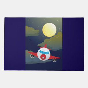 Cartoon Red Airplane Flying In Night Sky Doormat