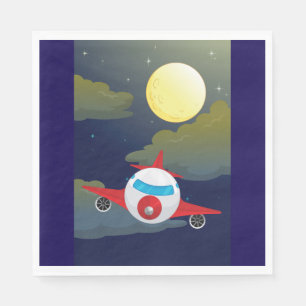 Cartoon Red Airplane Flying In Night Sky Napkins