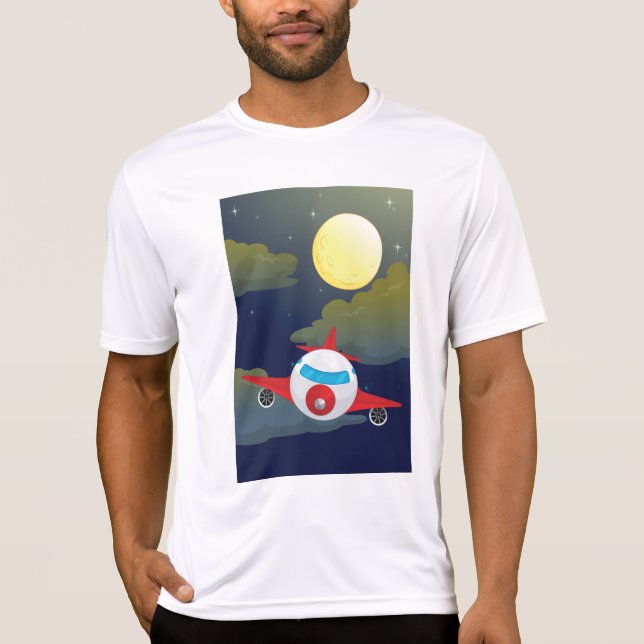 Cartoon Red Airplane Flying In Night Sky T-Shirt (Front)