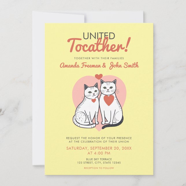 Cartoon Red and White Cat Themed Wedding Invitation (Front)