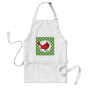 Cartoon Red Cardinal on Green White Pines Pattern Adult Apron