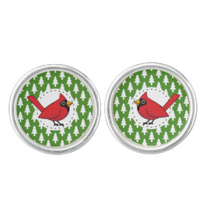 Cartoon Red Cardinal on Green White Pines Pattern Cufflinks