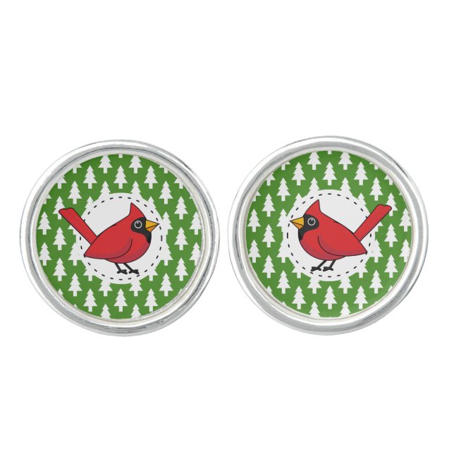 Cartoon Red Cardinal on Green White Pines Pattern Cufflinks (Front)