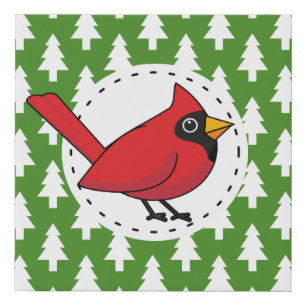 Cartoon Red Cardinal on Green White Pines Pattern Faux Canvas Print