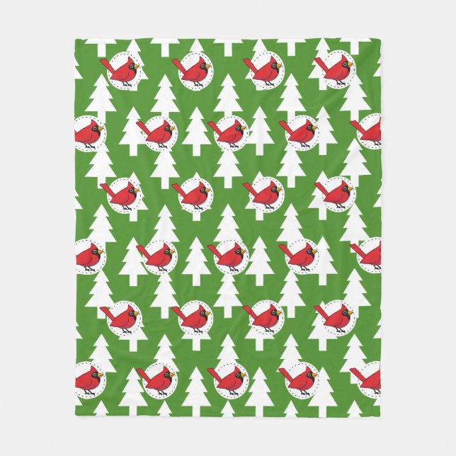 Cartoon Red Cardinal on Green White Pines Pattern Fleece Blanket (Front)