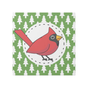 Cartoon Red Cardinal on Green White Pines Pattern Gallery Wrap
