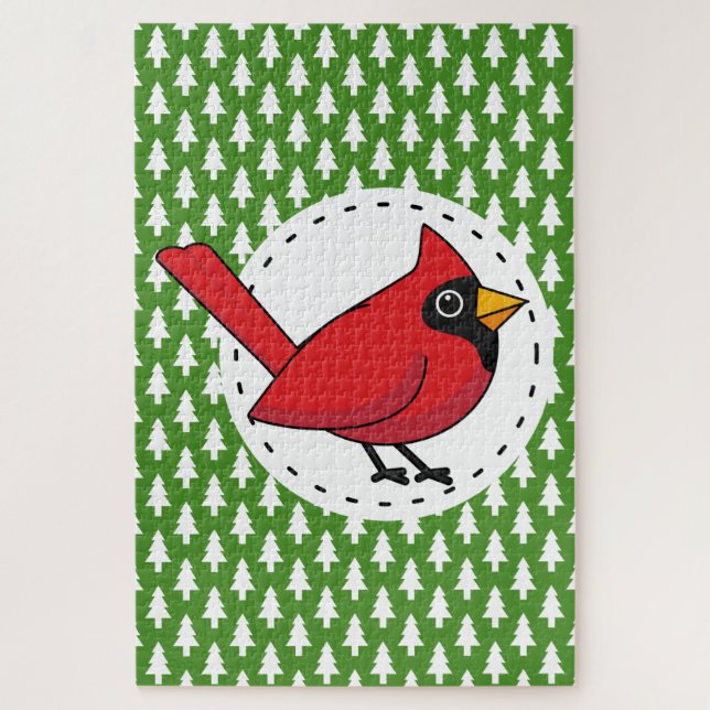 Cartoon Red Cardinal on Green White Pines Pattern Jigsaw Puzzle (Vertical)