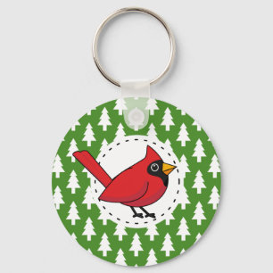 Cartoon Red Cardinal on Green White Pines Pattern Keychain