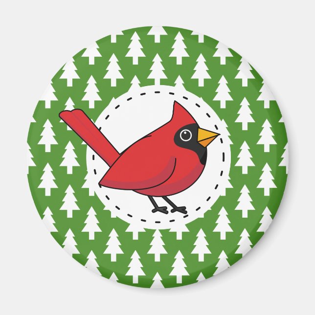 Cartoon Red Cardinal on Green White Pines Pattern Magnet (Front)