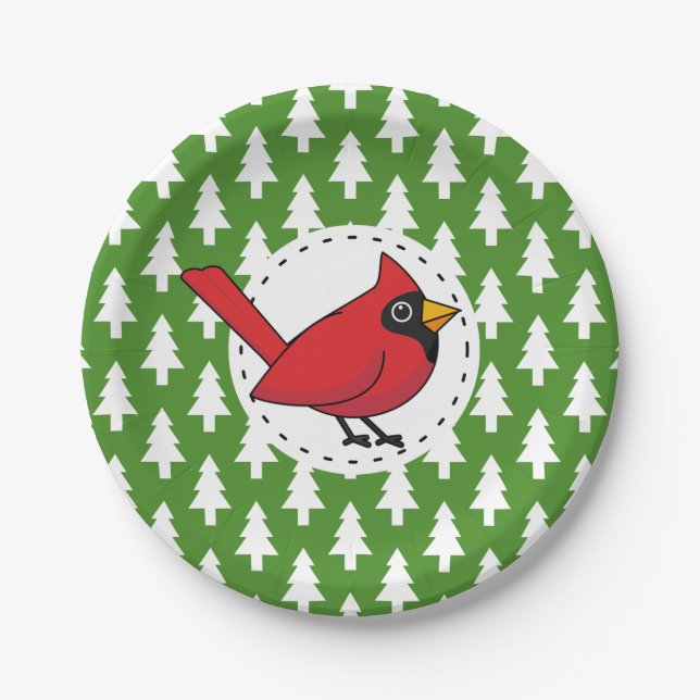 Cartoon Red Cardinal on Green White Pines Pattern Paper Plates (Front)