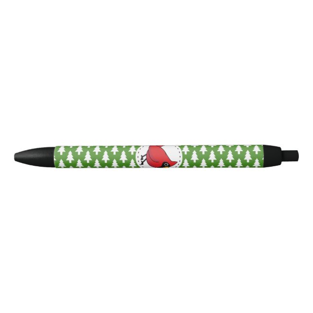 Cartoon Red Cardinal on Green White Pines Pattern Pen (Front)