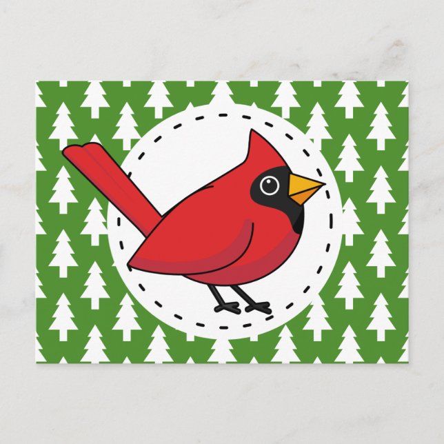 Cartoon Red Cardinal on Green White Pines Pattern Postcard (Front)