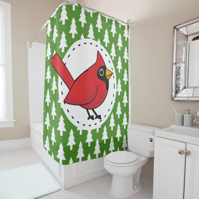 Cartoon Red Cardinal on Green White Pines Pattern Shower Curtain (In Situ)
