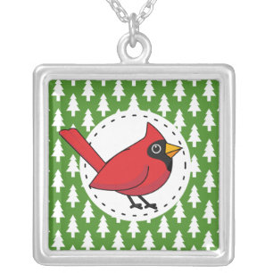 Cartoon Red Cardinal on Green White Pines Pattern Silver Plated Necklace