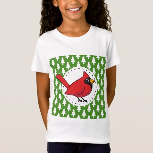 Cartoon Red Cardinal on Green White Pines Pattern T_Shirt