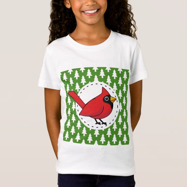 Cartoon Red Cardinal on Green White Pines Pattern T-Shirt (Front)