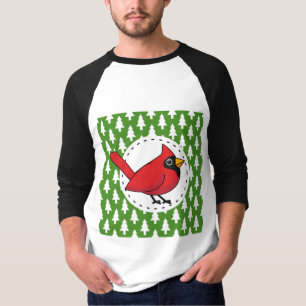 Cartoon Red Cardinal on Green White Pines Pattern T-Shirt