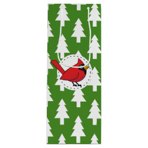 Cartoon Red Cardinal on Green White Pines Pattern Wine Gift Bag