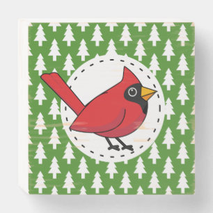 Cartoon Red Cardinal on Green White Pines Pattern Wooden Box Sign