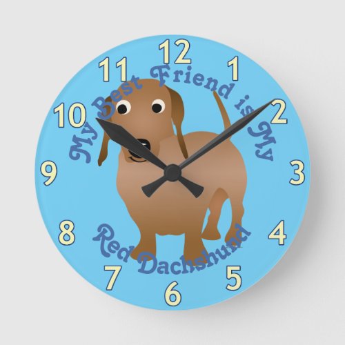 Cartoon Red Dachshund Round Clock