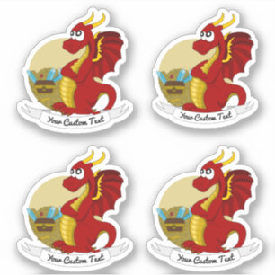 Cartoon red dragon with treasure and text sticker