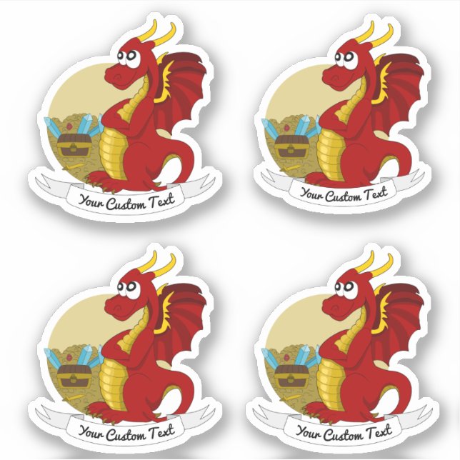 Cartoon red dragon with treasure and text sticker (Front)