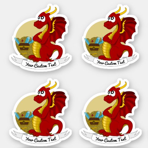 Cartoon red dragon with treasure and text sticker