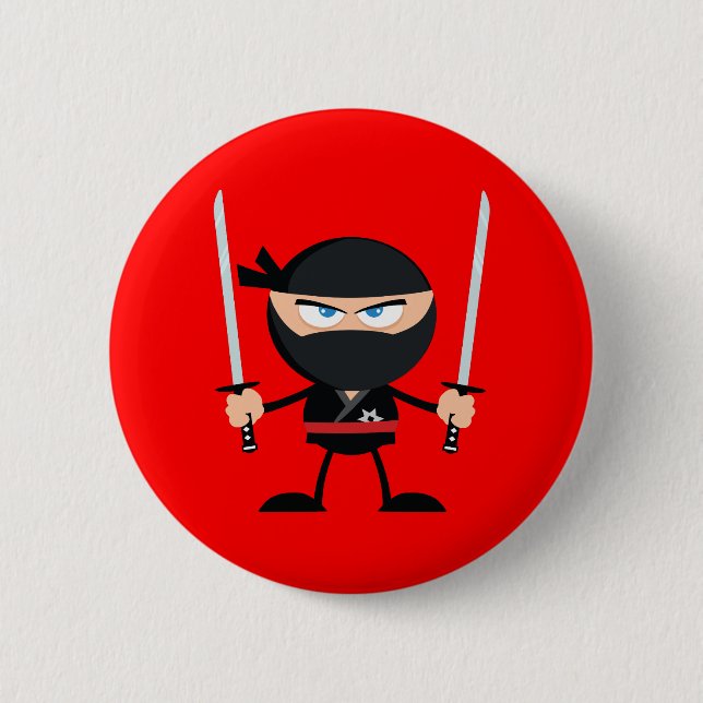 Cartoon red Ninja Warrior With Two Katana Button (Front)