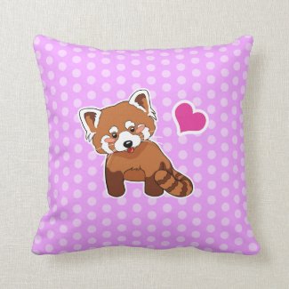 Cartoon Red Panda Cub On Pink Polka Dots Throw Pillow