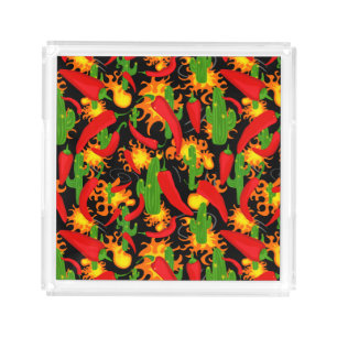 Cartoon Red Pepper, Cactus and Flames on Black Acrylic Tray