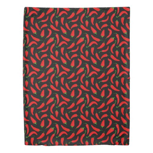 Cartoon Red Peppers on Black Fun Spicy Duvet Cover