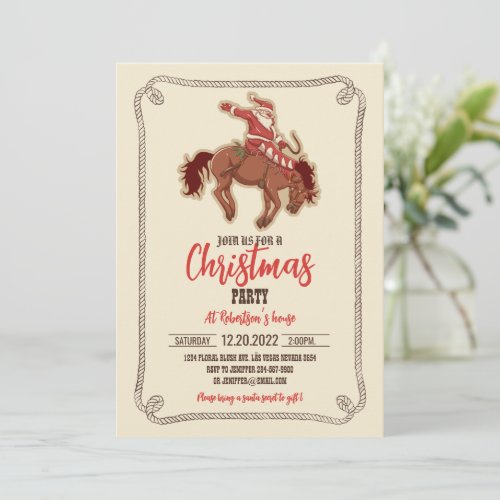 Cartoon red santa claus ryding on horse       invitation