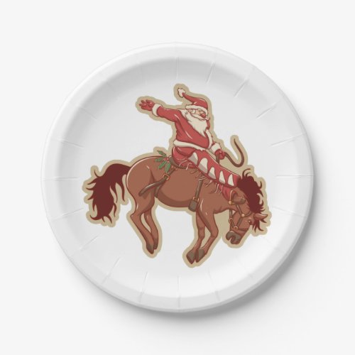 Cartoon red santa claus ryding on horse paper plates