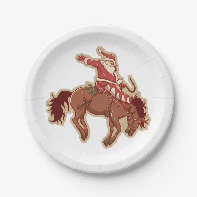 Cartoon red santa claus ryding on horse paper plates (Front)